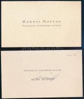 cca 1940 Rákosi Mátyás ünnepi névjegykártyája+cca 1960-1961 Aczél György (1917-1991) politikus aláírt újévi üdvözlő kártyája.