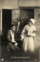 In lieber Gesellschaft / WWI K.u.K. (Austro-Hungarian) military romantic postcard, ijured soldier and Red Cross nurse + K.u.K. Notreservespital Dornbirn"