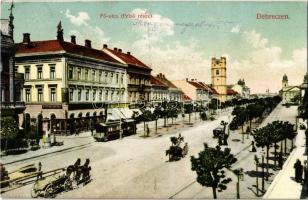 1910 Debrecen, Fő utca felső része, villamos, Központi szálloda, Neumann M. és Csanak József üzlete, Berlin biztosító, lovaskocsi. Antalfy József kiadása