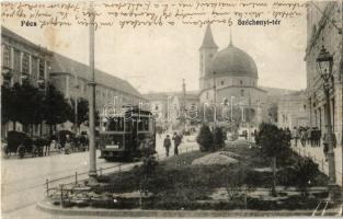 Pécs, Széchenyi tér, villamos, lovaskocsik (Rb)