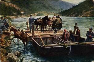 Élelmezési csoport áthajózása a fekete Drin folyón / WWI K.u.K. (Austro-Hungarian) military art postcard. Kilophot K. 3183.