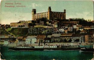 1910 Pozsony, Pressburg, Bratislava; Várhegy, gőzhajó / Schlossberg / castle, steamship (ázott / wet damage)