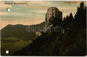 1909 Likavka, Likava (Rózsahegy, Ruzomberok); várrom / Likavsky zámok / castle ruins (lyukasztott / punched holes)