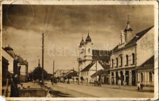 1938 Galánta, utca, templom, Hitelbank, Stern és Blum üzlete / street, church, credit bank, shops (EM)