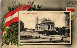 Eger, Római katolikus templom. Magyar zászlós és címeres szecessziós lap. Art Nouveau (Rb)