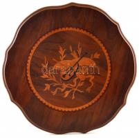 Magasított asztalka. Intarziás, festett faragott fa. Nagyon szép állapotban. m: 73 cm, d: 46 cm