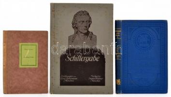 3 db német nyelvű könyv: Leo M. Tolstoi: Kurze Darlegung des Evangelium. Leipzig, é.n., Reclam. Kartonált papírkötés, tulajdonosi bejegyzéssel. Franz Grillparzer: Die Ahnfrau - Sappho. Grillparzers sämtliche Werke. Fünsfte Ausgabe in 20 Bänden. Vierter Band. Stuttgart, é.n., Cotta. Kiadói vászonkötés, aranyozott gerinccel. Schillergabe. Zeichnungen von Ernst Liebermann. München, É.n., Verlag der Jugendblätter. Kiadói vászonkötés, foltos borítóval. Friedrich Schiller költeményeivel. Gazdagon illusztrált.