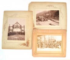 cca 1900 Beszterce (Bistriz, Erdély), bányászok, fúvósok, 3 db kartonra kasírozott nagyméretű fotó, sérült karton, 17×24 cm