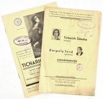 cca 1935-38 2 db műsörfüzet, Ticharich Zdenka a címlapon. Ticharich Zdenka és Kerpely Jenő szonátaestje, 1935 dec. 8, valamint Dohnányi Ernő és Busch Adolf estje. Intézményi bélyegzőkkel a borítón, hajtásnyíommal. + Ticharich Zdenka szerzői estje 1938 ápr. 9., a borítón Rippl-Rónai Ticharich Zdenkáról készült festményének reprodukciója. Intézményi bélyegzőkkel a borítón. Mindkettőben több hirdetéssel (Telefunken, Orion stb.)
