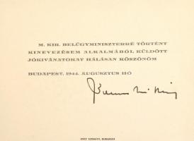 1944 Bonczos Miklós (1897-1970) államtitkár köszönő kártyája belügyminiszterré történt kinevezése alkalmából, saját kezű aláírásával
