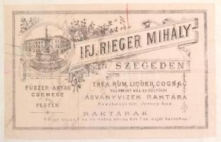 cca 1880 Szeged, ifj Rieger Miháyl thea, rum, valamint ásványvizek raktára számla
