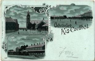Kiscell, Celldömölk; vasútállomás, templom, főtér, kiadják a Pick Testvérek; Art Nouveau, floral silver decorated litho (EK)
