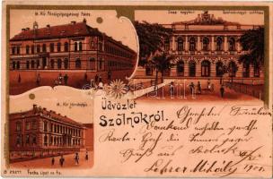 1901 Szolnok, M. kir. Pénzügyi Palota, Jász-Nagykun-Szolnok megye székháza, M. kir. Törvényház. Fuchs Lipót és Fia kiadása, Kunstanstalt Lautz & Isenbeck B. 25277. floral Art Nouveau litho (Rb)