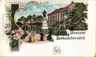 1899 Székesfehérvár, Vörösmarty Mihály szobor. Kiadja Kaufman F. 9. sz. floral, Art Nouveau, litho (EB)