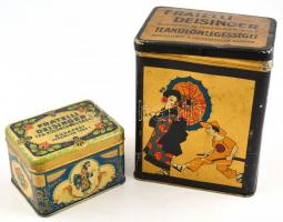 2 db régi Fratelli Deisinger Tea fém doboz, Bp., Ferenciek tere és Ferencziek tere 1. felirattal, illusztrált, 12x9x8cm és 16x12x20 cm