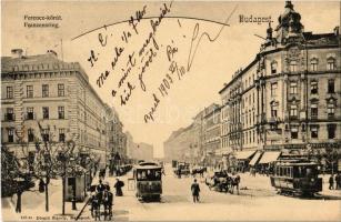 1903 Budapest IX. Ferenc körút, villamosok, Biehn János és Preisauh Mór üzlete. Divald Károly 138. sz. (EK)