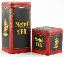 2 db régi Meinl tea fém doboz fedéllel, tengeri vitorláshajóval illusztrált, kopottas állapotban, m: 20 és 9,5 cm