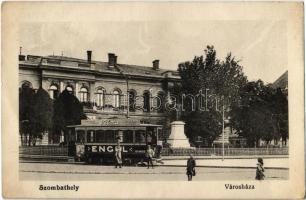 1914 Szombathely, városháza, villamos Engel szappangyáros és Velma Suchard csokoládé fondant reklámmal