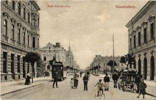 1907 Szombathely, Széll Kálmán utca és kávéház, villamos, lovaskocsi tejes palackokkal