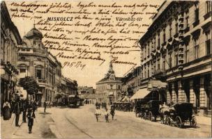 1925 Miskolc, Városház tér, Korona szálloda, villamos, lovashintók, üzletek (EK)