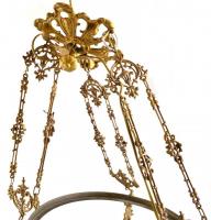 XIX. sz. Fajansz csillár díszes réz szerelékekkel. Kézzel festett, jelzés nélkül. Üvegbúra nélkül. F...