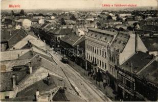 1910 Miskolc, Széchenyi utca, villamos, felállványozott épület, Neumann M., Garai József, Szántó Mór és Társa és Benedek Adolf és Társa üzlete