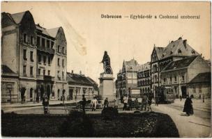 Debrecen, Egyház tér, Csokonai szobor, villamos, Uránia Mozgó, Református főgimnázium