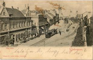 1900 Debrecen, Piac utca, városi vasút, Frohner szálloda, Karancsy Zs. üzlete. Telegdi K. Lajos utóda (fl)