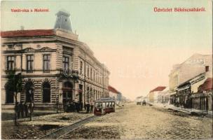 1911 Békéscsaba, Vasút utca, Motor, városi vasút, kisvasút, Petrányi Gyula bazára, Adler Lajos férfi és női cipész üzlete