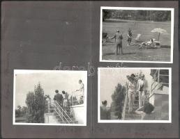 cca 1943 Karády Katalin (1910-1990) színésznő a szigeti strandon, 3 db vintage fénykép, egy albumlapra felragasztva, 9x12 cm