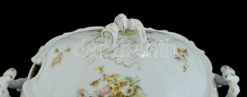 XIX. sz. vége: Jelzés nélkül: Leveses tál és húsos tál. Részben kézzel festett, jelzett, kopásokkal ...