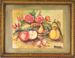 Olvashatatlan jelzéssel: Csendélet virágokkal és gyümölcsökkel. Akvarell, ceruza, karton, üvegezett fa keretben, 22,5x30 cm