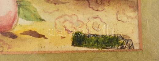 Olvashatatlan jelzéssel: Csendélet virágokkal és gyümölcsökkel. Akvarell, ceruza, karton, üvegezett ...