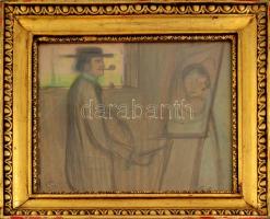 Gulácsy Lajos (1882-1932): Pipázó önarckép festőállvánnyal. Ceruza, kréta, papírlemez. Jelezve balra...