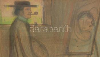 Gulácsy Lajos (1882-1932): Pipázó önarckép festőállvánnyal. Ceruza, kréta, papírlemez. Jelezve balra...