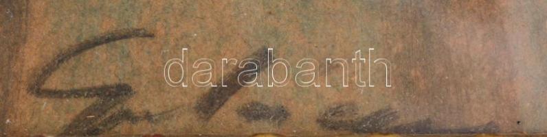 Gulácsy Lajos (1882-1932): Pipázó önarckép festőállvánnyal. Ceruza, kréta, papírlemez. Jelezve balra...