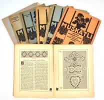 cca 1931-35 Muskátli magyar kézimunka újság 6 száma + 1935 Az Új Idők kézimunka könyve 32 egészoldalas táblán, 136 kézimunka fényképével. Mind erősen kopott, részben foltos és széteső állapotban