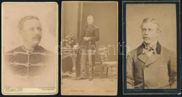 cca 1870-90 Katonaruhás férfi három vizitkártyája klf műtermekből. Kirschner Vince - Országút, Ludwig Faust - Pressburg, Ellinger Ede.