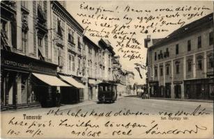 1905 Temesvár, Timisoara; Szt. György tér, villamos, Keppich Kálmán és Palágyi József üzlete, Lenz szálloda. Uhrmann Henrik 766. / square, hotel, shops, tram