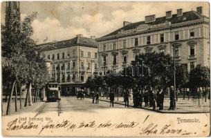 1913 Temesvár, Timisoara; Jenő herceg tér, villamos, takarékpénztár. Divald Károly 778. sz. / square, tram, savings bank