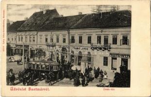 Szatmárnémeti, Szatmár, Satu Mare; Deák tér, Frankó János, Kerekes Zs., Győri Károly üzletei, Szatmári Asztalosok bútortelepe, étterem, villamos, tömeg. Löwy Miksa kiadása / square, shops, carpenters furniture workshop, restaurant, tram, crowd