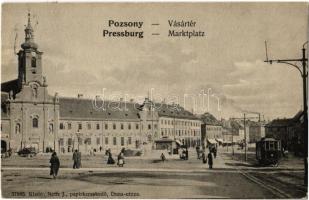 Pozsony, Pressburg, Bratislava; Vásár tér, villamos, templom. Neffe J. 37905. / Marktplatz / square, tram, church