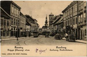 Pozsony, Pressburg, Bratislava; Frigyes főherceg utca, villamos, Tafelmayer és Weischek szikvízgyár lovaskocsija. Bediene dich allein / Erzherzog Friedrichstrasse / street, tram, shops, horse cart