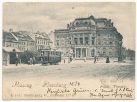 1901 Pozsony, Pressburg, Bratislava; Városi színház, villamos. Duschinsky G. kiadása / theatre, tram. Mini postcard (9 x 6,5 cm) (EK)