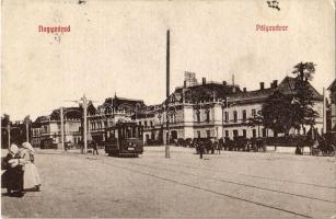 1908 Nagyvárad, Oradea; vasútállomás, villamos / railway station, tram