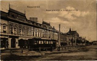 1908 Nagyvárad, Oradea; Nagy piac tér, Lloyd épület, villamos, Andrényi Károly és fiai üzlete. W.L. 971. / square, tram, shops (Rb)