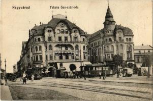 1913 Nagyvárad, Oradea; Fekete Sas szálloda, villamosok, piac / hotel, trams, market
