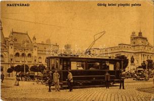 1911 Nagyvárad, Oradea; Görög keleti püspöki palota, villamos, piac. Klein Sándor és Vilmos kiadása 14488. / Greek Orthodox bishop&#039;s palace, tram, market (fl)