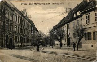 Nagyszeben, Hermannstadt, Sibiu; utca, villamos, Budovszky L. üzlete / Sporergasse / street, tram, shops (EK)