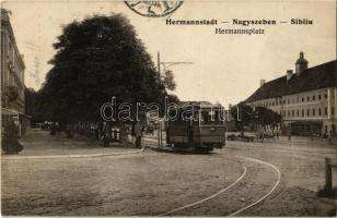 1915 Nagyszeben, Hermannstadt, Sibiu; tér, villamos. J. Bein 2915. / Hermannsplatz / square, tram (Rb)